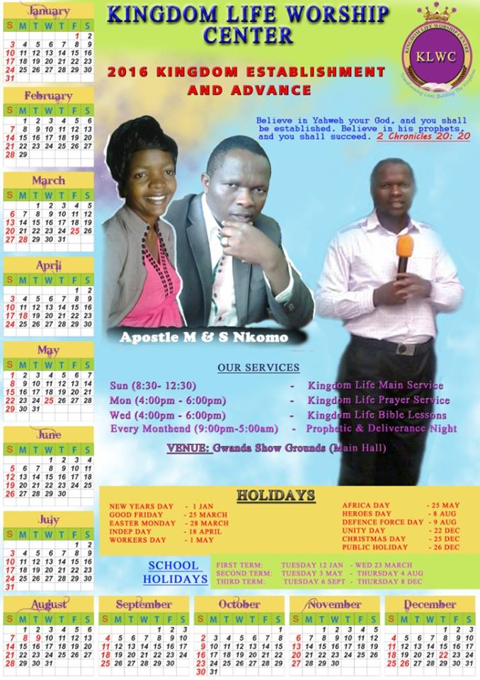 free calendar from Kingdom Life Worship center in Zimbabwe